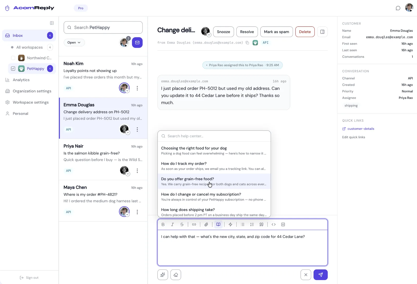 The AcornReply inbox with an AI-drafted reply built from the knowledge base