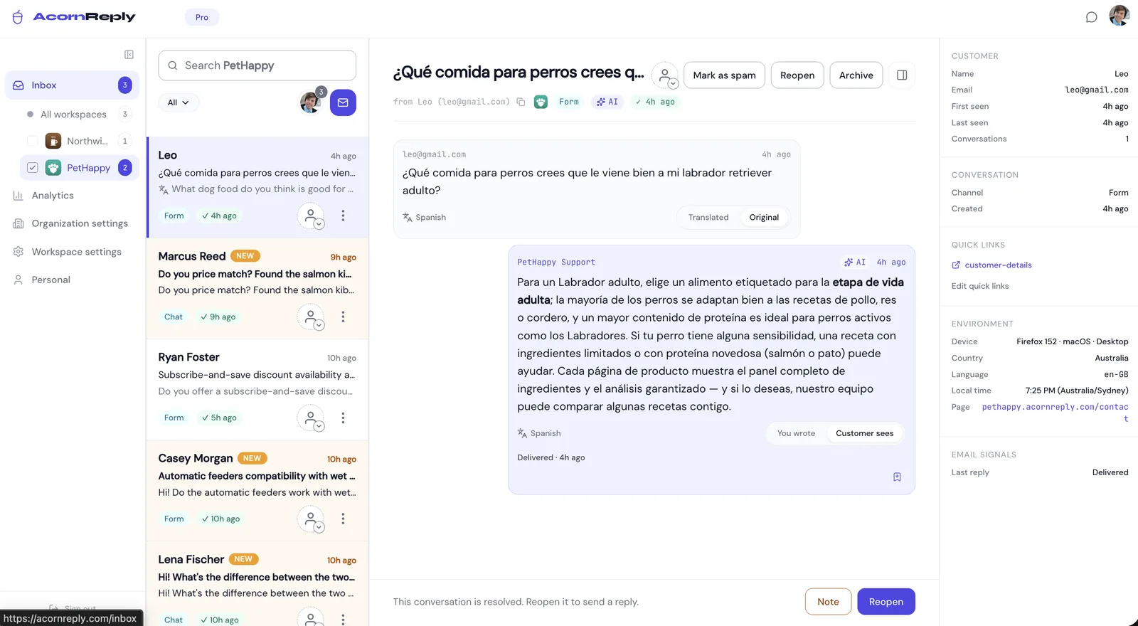 A customer's message shown in its original language