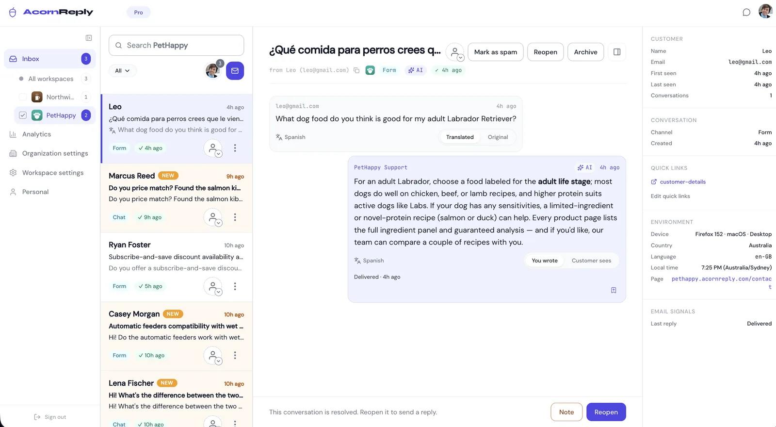 The reply being translated for the customer on send
